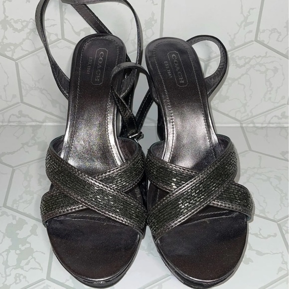 COACH💥PLATFORM BLACK/SILVER WEDGES SANDALS💥 - Picture 3 of 6